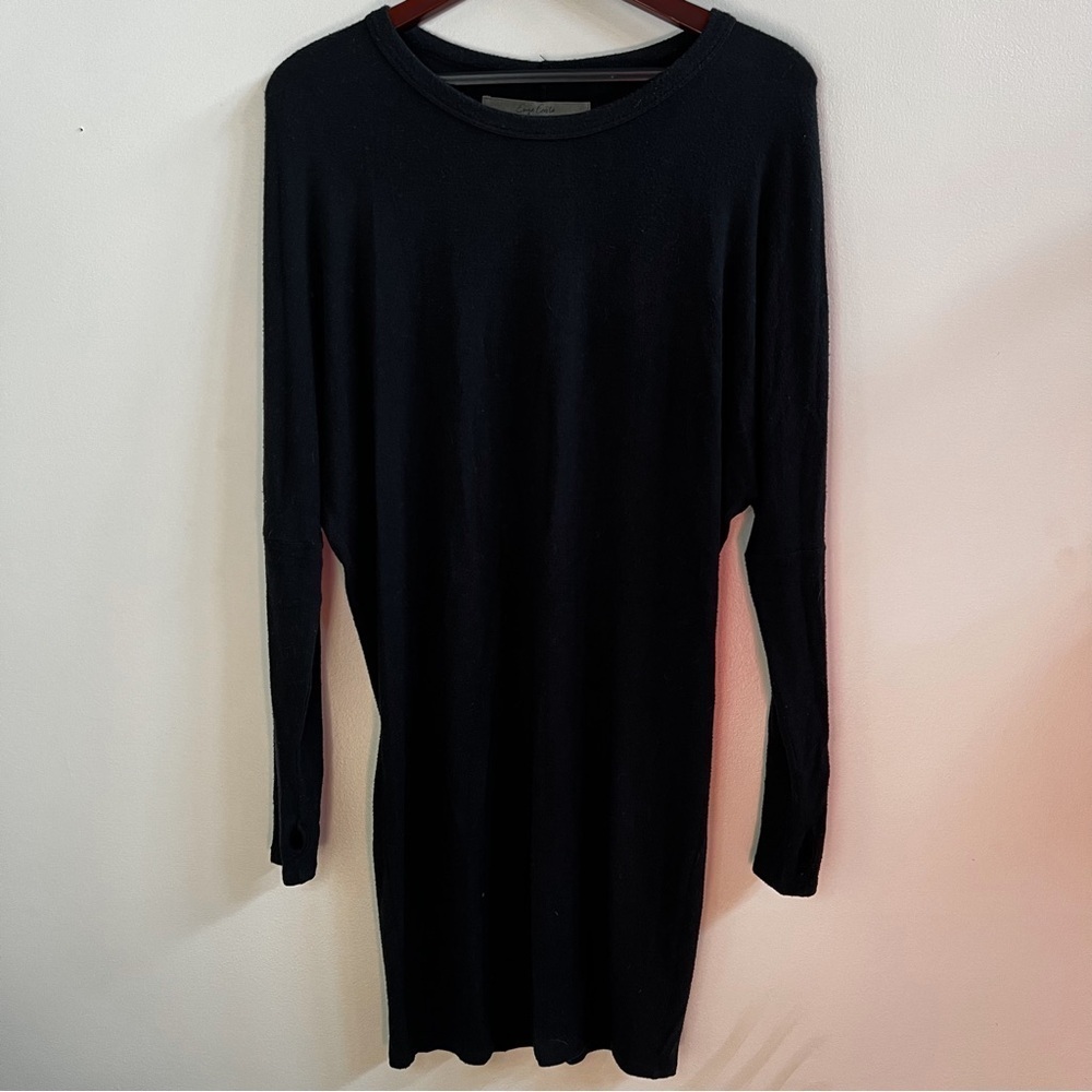 Enza Costa soft Midi Dress in Black dolman sleeve with thumb holes and crew neck